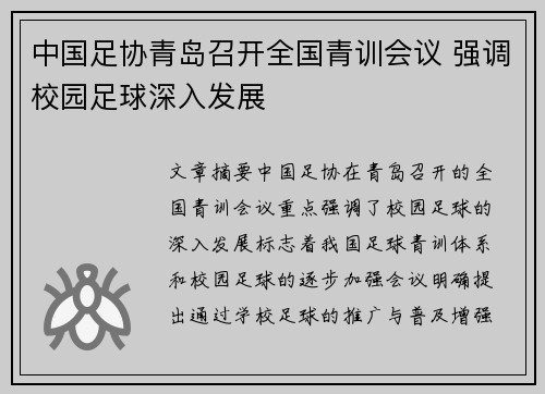中国足协青岛召开全国青训会议 强调校园足球深入发展